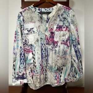 Chico’s Women's 2 Multicolor Button Down Top Blouse Long Sleeve Cream Pink Blue